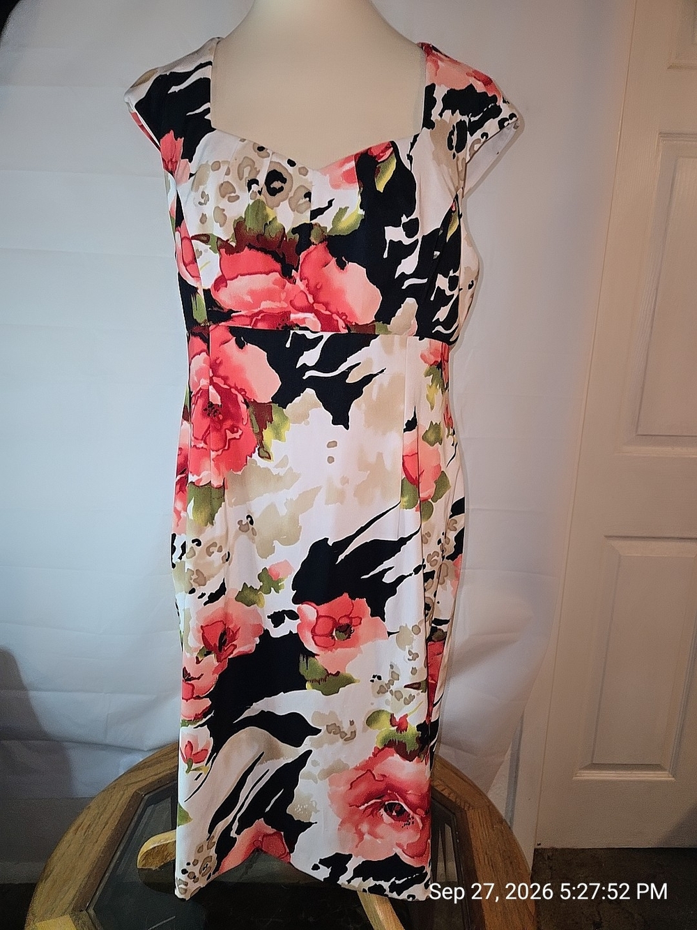 connected apparel Coral Floral Midi Dress with Black Accents